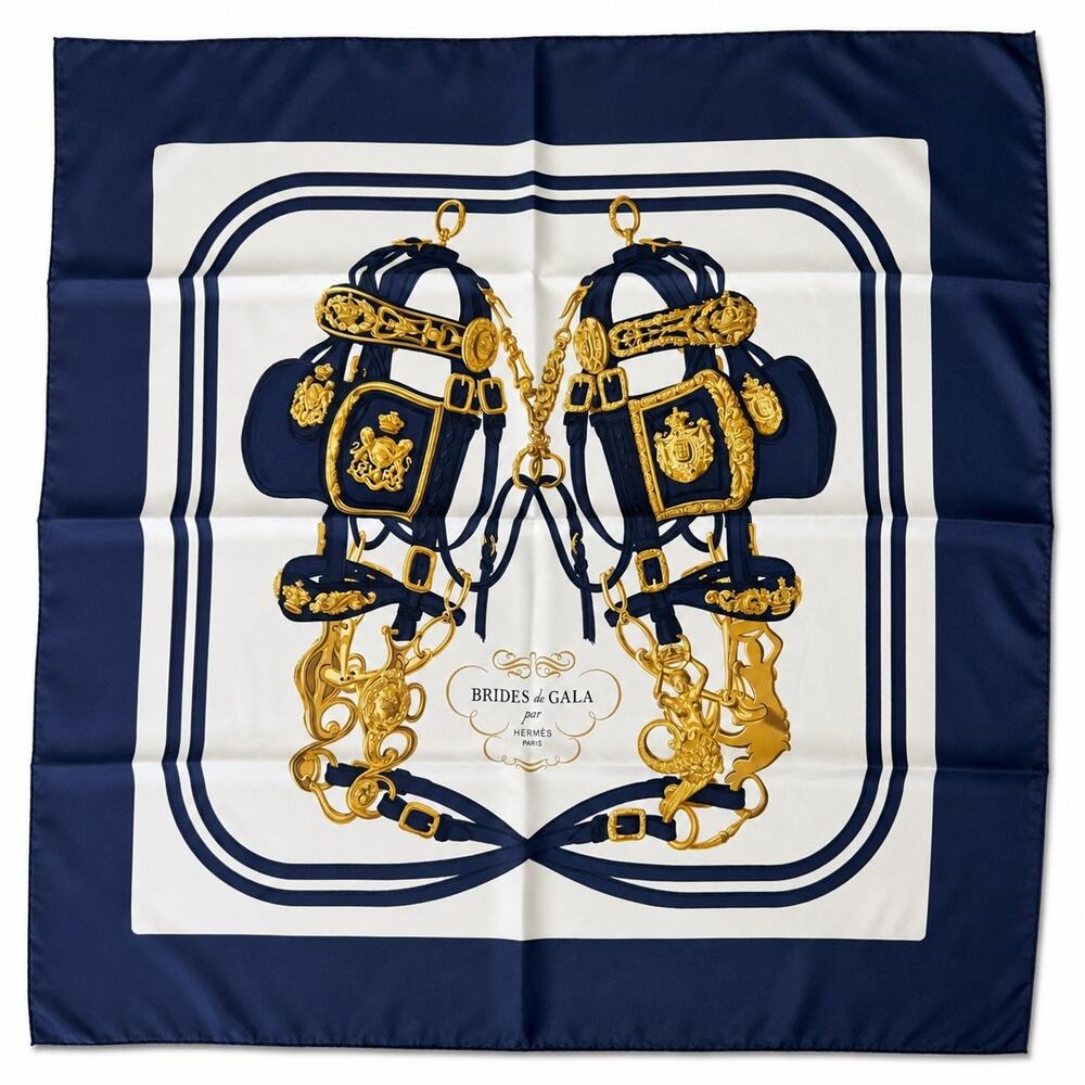 Hermès Paris Brides de Gala Silk Scarf Navy White Gold Carré 90 Made in France
